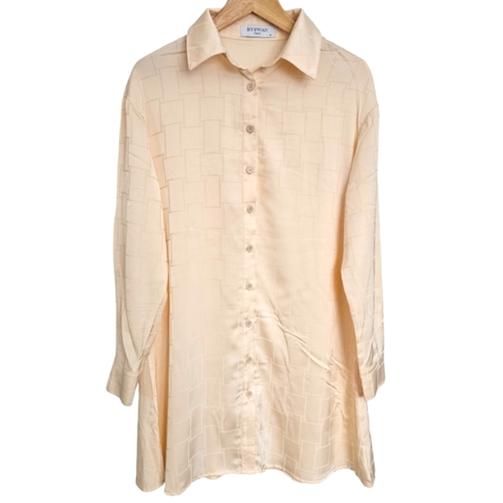 By Swan Paris Simons Pale Peach Mini Satin Long Sleeve Shirtdress